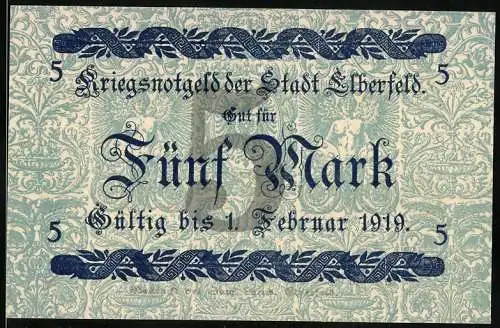 Notgeld Elberfeld, 1918, 5 Mark, Kriegsnotgeld der Stadt Elberfeld, gültig bis 1. Februar 1919