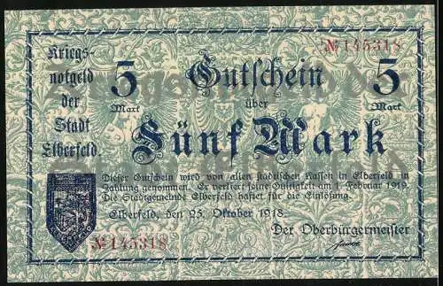 Notgeld Elberfeld, 1918, 5 Mark, Kriegsnotgeld der Stadt Elberfeld, gültig bis 1. Februar 1919