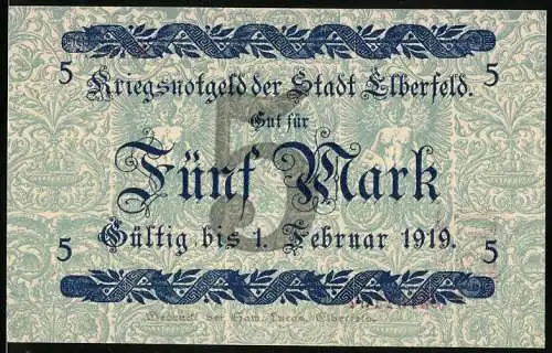 Notgeld Elberfeld 1918, 5 Mark, Kriegsgutschein der Stadt Elberfeld gültig bis 1. Februar 1919