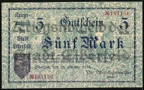 Notgeld Elberfeld 1918, 5 Mark, Kriegsgutschein der Stadt Elberfeld gültig bis 1. Februar 1919