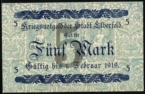 Notgeld Elberfeld 1918, 5 Mark, Kriegsnotgeld der Stadt Elberfeld mit Gültigkeit bis 1. Februar 1919