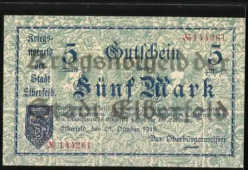 Notgeld Elberfeld 1918, 5 Mark, Kriegsnotgeld der Stadt Elberfeld mit Gültigkeit bis 1. Februar 1919