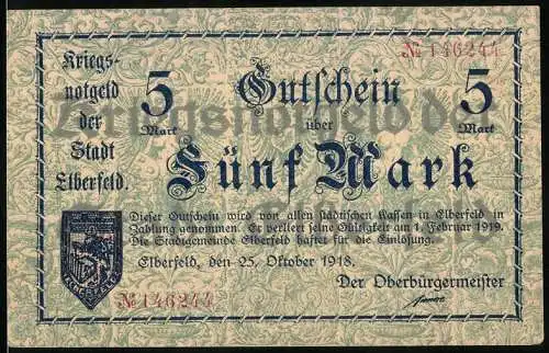 Notgeld Elberfeld 1918, 5 Mark, Kriegsnotgeld der Stadt Elberfeld, gültig bis 1. Februar 1919