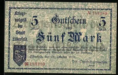 Notgeld Elberfeld, 1918, 5 Mark, Gutschein der Stadt Elberfeld, Kriegsnotgeld, Gültig bis 1. Februar 1919