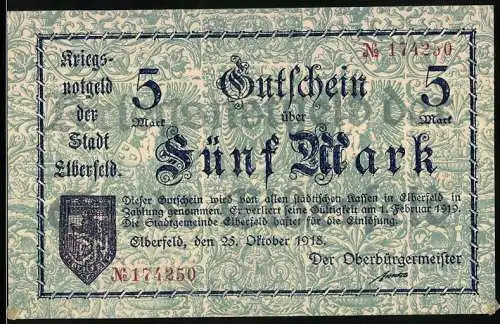 Notgeld Elberfeld 1918, 5 Mark, Kriegsnotgeld der Stadt Elberfeld, gültig bis Februar 1919