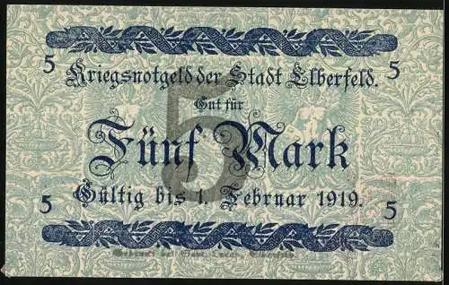 Notgeld Elberfeld 1918, 5 Mark, Kriegsnotgeld der Stadt Elberfeld, gültig bis Februar 1919