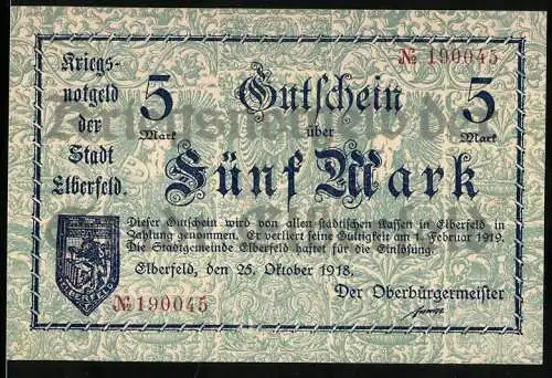 Notgeld Elberfeld, 1918, 5 Mark, Gutschein über Fünf Mark gültig bis 1. Februar 1919