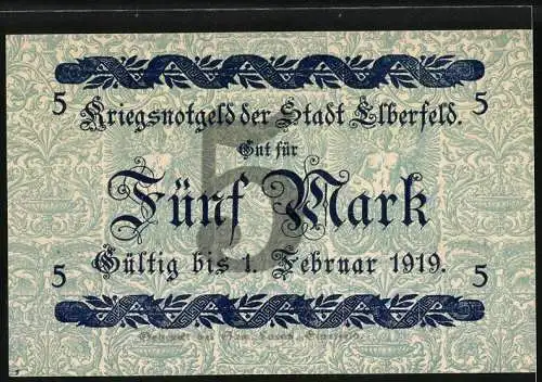 Notgeld Elberfeld, 1918, 5 Mark, Gutschein über Fünf Mark gültig bis 1. Februar 1919