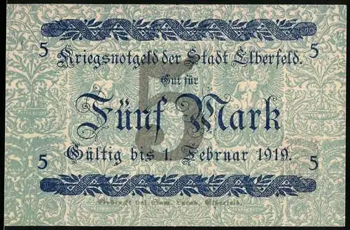 Notgeld Elberfeld 1918, 5 Mark, Kriegsgutschein gültig bis 1. Februar 1919 mit Stadtwappen und Textdekorationen