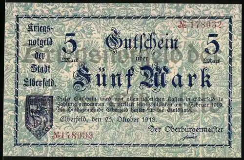 Notgeld Elberfeld 1918, 5 Mark, Kriegsnotgeld der Stadt Elberfeld mit Gültigkeit bis 1. Februar 1919