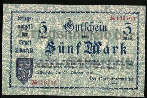 Notgeld Elberfeld 1918, 5 Mark, Kriegsgutschein der Stadt Elberfeld, gültig bis 1. Februar 1919