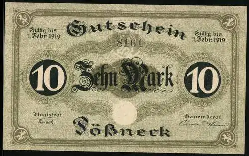 Notgeld Pössneck 1919, 10 Mark, Gültig bis 1. Febr. 1919, Seriennummer 8164