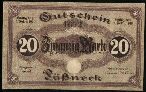 Notgeld Pössneck, 1919, 20 Mark, Gutschein gültig bis 1. Februar 1919, beidseitig bedruckt