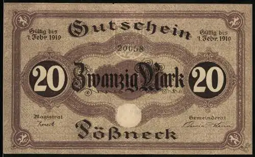 Notgeld Pössneck 1919, 20 Mark, Gutschein gültig bis 1. Februar 1919, Text auf Rückseite