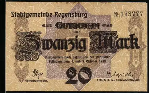 Notgeld Regensburg 1918, 20 Mark, Stadtgemeinde Gutschein mit Stadtwappen und Unterschriften