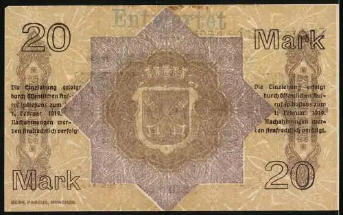 Notgeld Regensburg 1918, 20 Mark, Stadtgemeinde Gutschein mit Stadtwappen und Unterschriften