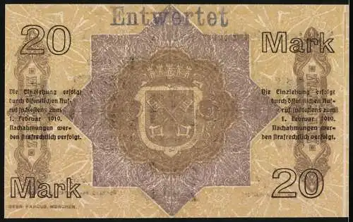 Notgeld Regensburg 1918, 20 Mark, Stadtgemeinde, Entwertet, Serie Nr. 117696