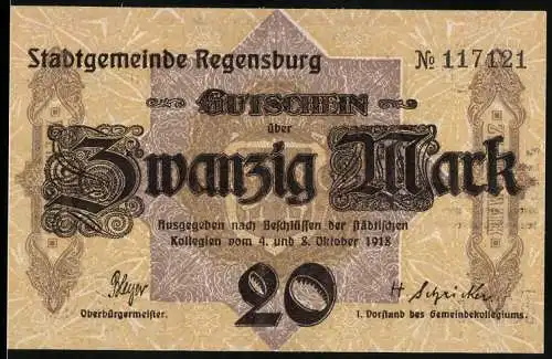 Notgeld Regensburg 1918, 20 Mark, Gutschein über Zwanzig Mark mit Stadtwappen und Entwertet-Stempel