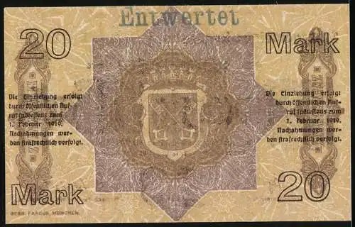 Notgeld Regensburg 1918, 20 Mark, Gutschein über Zwanzig Mark mit Stadtwappen und Entwertet-Stempel