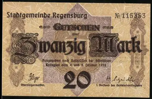 Notgeld Regensburg 1918, 20 Mark, Stadtgemeinde Regensburg, Seriennummer 115353, Einlösung bis Februar 1919