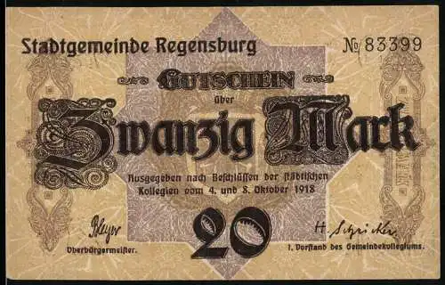 Notgeld Regensburg 1918, 20 Mark, Gutschein über Zwanzig Mark, Stadtwappen und Ornamentdesign