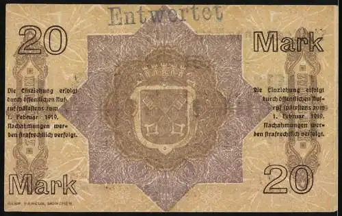 Notgeld Regensburg 1918, 20 Mark, Gutschein über Zwanzig Mark, Stadtwappen und Ornamentdesign