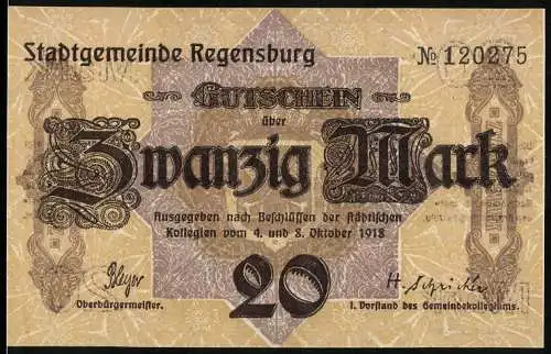 Notgeld Regensburg 1918, 20 Mark, Gutschein der Stadtgemeinde mit Stadtwappen und Verfallsdatum 1. Februar 1919