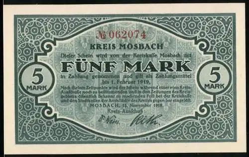 Notgeld Mosbach, 1918, Fünf Mark, Vorderseite mit Text und Rückseite mit Landschaftsabbildung