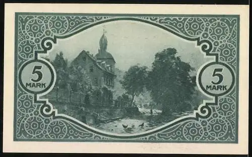 Notgeld Mosbach, 1918, Fünf Mark, Vorderseite mit Text und Rückseite mit Landschaftsabbildung