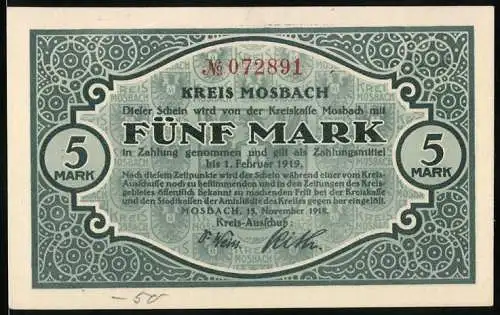 Notgeld Mosbach 1918, 5 Mark, Vorderseite Text mit Nummer und Rückseite Landschaftsbild