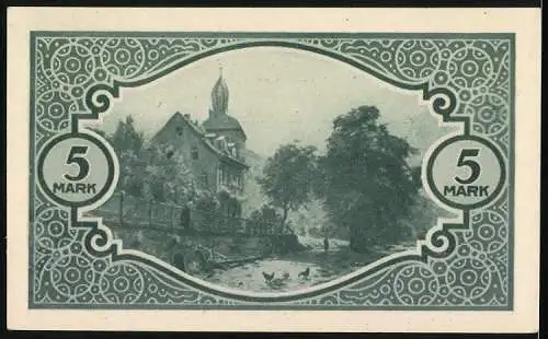 Notgeld Mosbach 1918, 5 Mark, Vorderseite Text mit Nummer und Rückseite Landschaftsbild