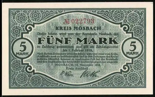 Notgeld Mosbach 1918, 5 Mark, grün, Seriennummer 022793, Rückseite mit Flusslandschaft und Gebäude