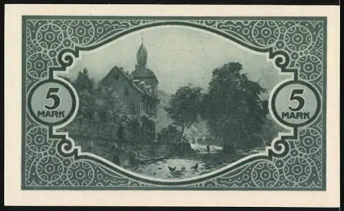 Notgeld Mosbach 1918, 5 Mark, grün, Seriennummer 022793, Rückseite mit Flusslandschaft und Gebäude