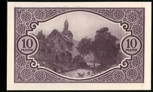 Notgeld Mosbach, 1918, 10 Mark, lila Farbgebung mit Landschaftsmotiv und Gebäude, Seriennummer 081555
