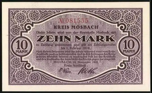 Notgeld Mosbach, 1918, 10 Mark, lila Farbgebung mit Landschaftsmotiv und Gebäude, Seriennummer 081555