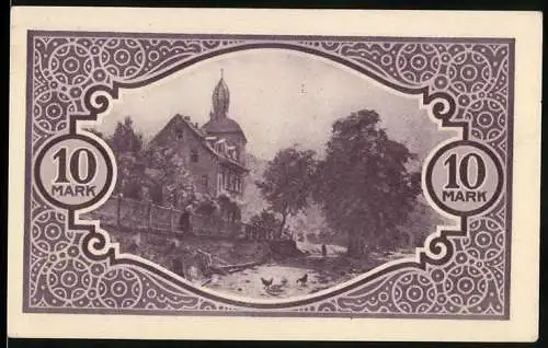 Notgeld Mosbach, 1918, 10 Mark, Lila Schein mit Landschaft und Kreis Mosbach Text