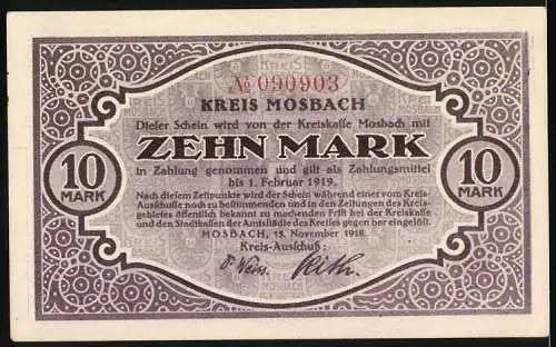 Notgeld Mosbach, 1918, 10 Mark, Lila Schein mit Landschaft und Kreis Mosbach Text