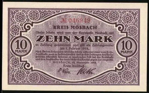 Notgeld Mosbach 1918, 10 Mark, Lila Muster mit Landschaftsbild und Unterschriften