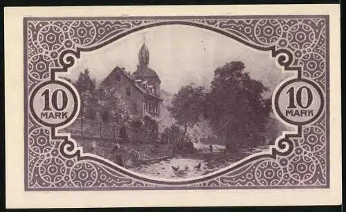 Notgeld Mosbach 1918, 10 Mark, Lila Muster mit Landschaftsbild und Unterschriften