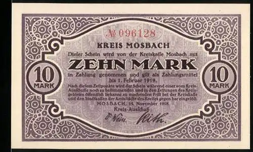 Notgeld Mosbach 1918, 10 Mark, lila Design mit Gebäude und Landschaft, Seriennummer 096128