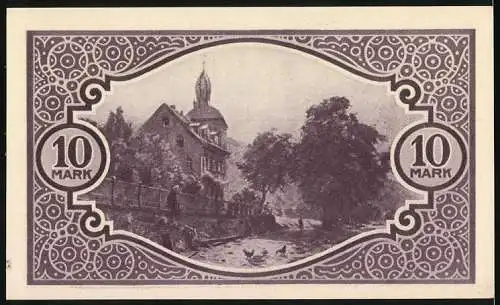 Notgeld Mosbach 1918, 10 Mark, lila Design mit Gebäude und Landschaft, Seriennummer 096128