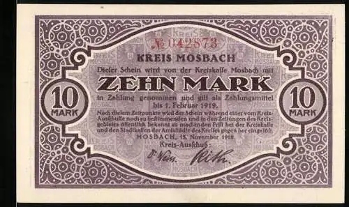Notgeld Mosbach, 1918, 10 Mark, Kreis Mosbach, Gebäude und Landschaft mit Enten