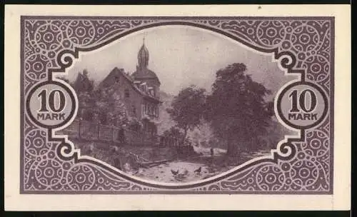 Notgeld Mosbach, 1918, 10 Mark, Kreis Mosbach, Gebäude und Landschaft mit Enten