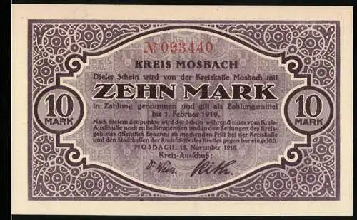 Notgeld Mosbach 1918, 10 Mark, Kreis Mosbach, Landschaftsillustration und dekoratives Muster