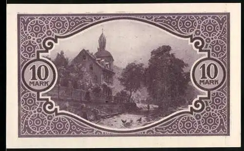 Notgeld Mosbach, 1918, 10 Mark, Kreis Mosbach, lila Ornament, Gebäude mit Fluss, Seriennummer 081557