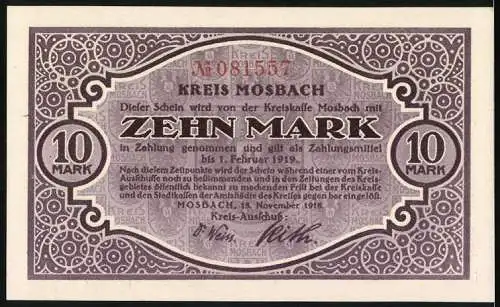 Notgeld Mosbach, 1918, 10 Mark, Kreis Mosbach, lila Ornament, Gebäude mit Fluss, Seriennummer 081557