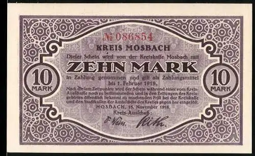Notgeld Mosbach 1918, 10 Mark, Lila-Design mit Gebäude und Fluss auf Rückseite