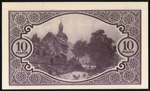 Notgeld Mosbach 1918, 10 Mark, Lila-Design mit Gebäude und Fluss auf Rückseite