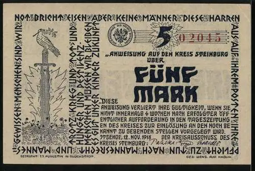 Notgeld Itzehoe 1918, 5 Mark, Schriftzug und Ornamente, Anweisung auf den Kreis Steinburg über fünf Mark