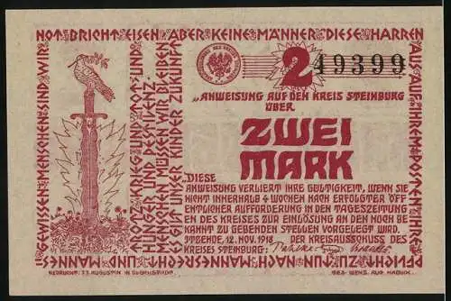 Notgeld Itzehoe 1918, 2 Mark, Rote Schrift, Seriennummer 49399, Hinweistext und Adler auf Schwert